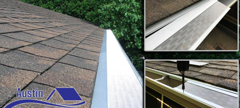 Rain gutters with leaf guards for gutter protection.