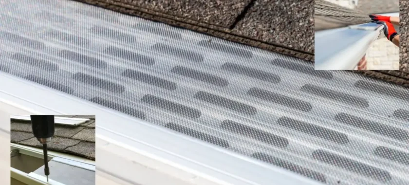 Close-up of a newly installed gutter guard on a house roof with inset images showing the gutter guard installation process by local gutter guard installers